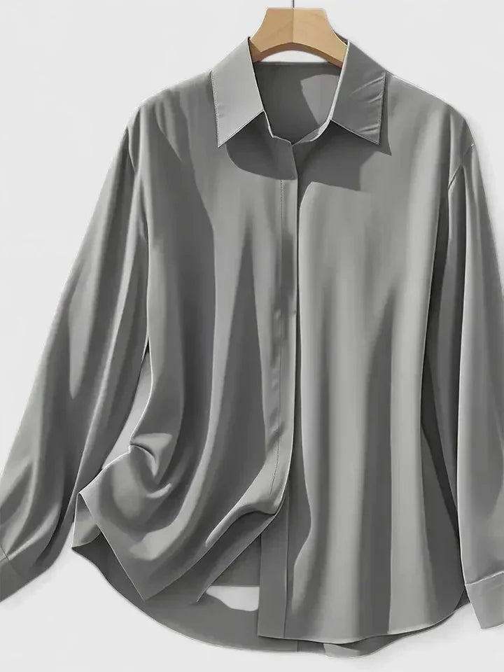 Women's satin long-sleeve blouse with collared concealed placket