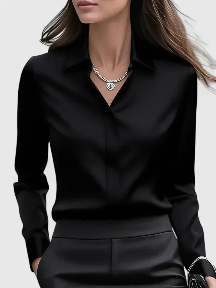 Women's satin long-sleeve blouse with collared concealed placket – Black