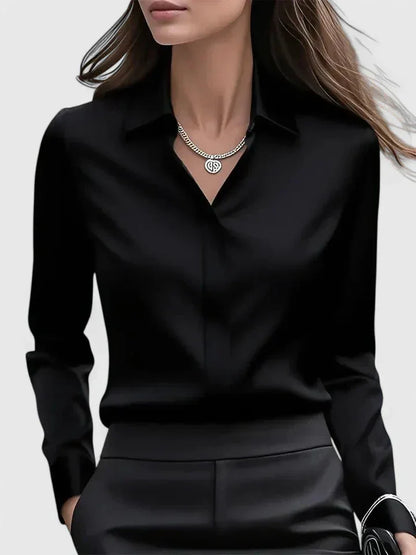Women's satin long-sleeve blouse with collared concealed placket – Black
