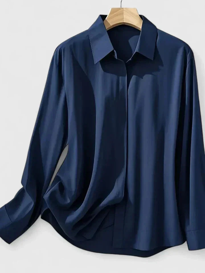 Women's satin long-sleeve blouse with collared concealed placket