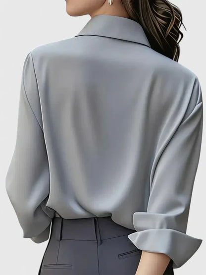 Women's satin long-sleeve blouse with collared concealed placket
