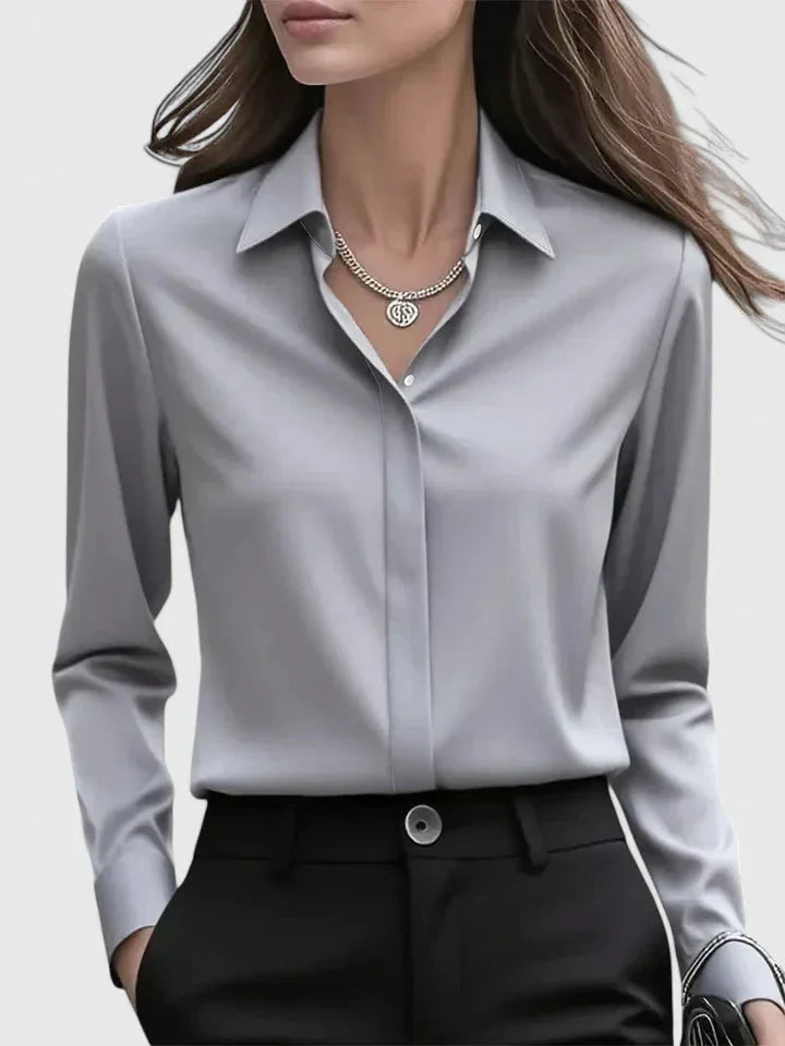 Women's satin long-sleeve blouse with collared concealed placket – Grey