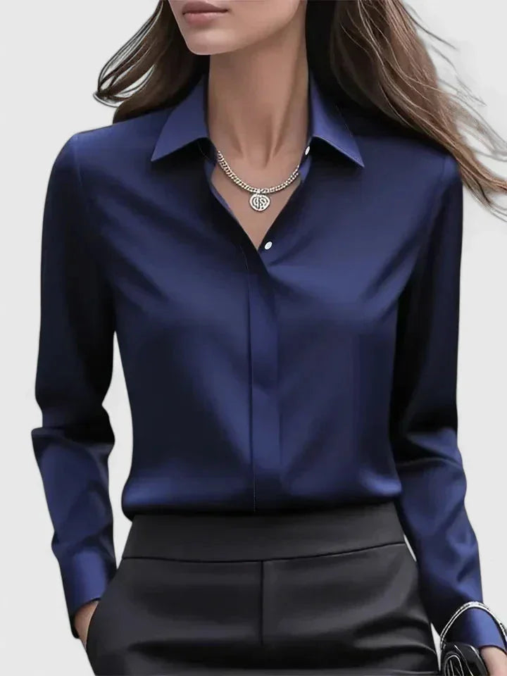 Women's satin long-sleeve blouse with collared concealed placket – Navy Blue