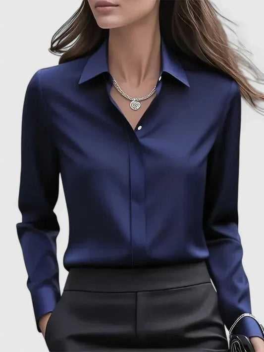 Women's satin long-sleeve blouse with collared concealed placket – Navy Blue