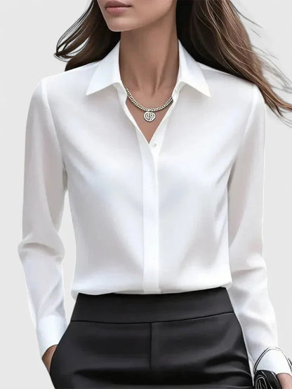 Women's satin long-sleeve blouse with collared concealed placket – White