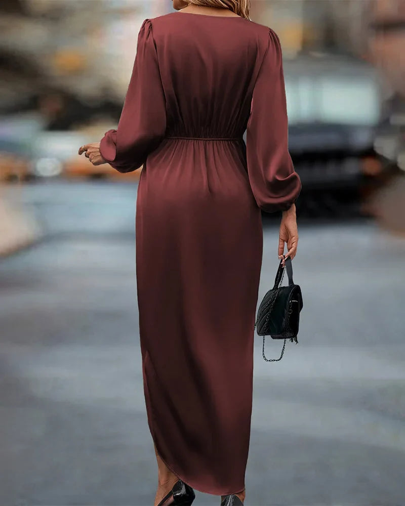 Women's satin wrap midi dress with V-neck long-sleeve and draped front – Burgundy