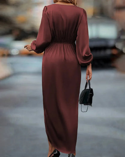Women's satin wrap midi dress with V-neck long-sleeve and draped front – Burgundy