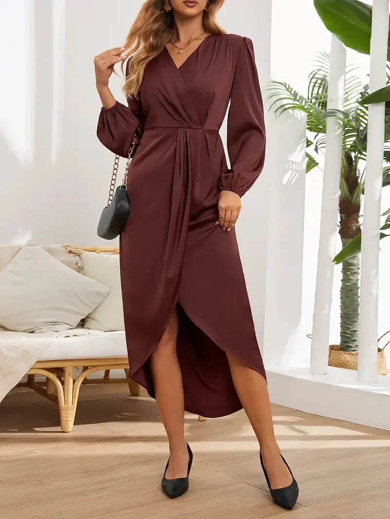 Women's satin wrap midi dress with V-neck long-sleeve and draped front – Burgundy