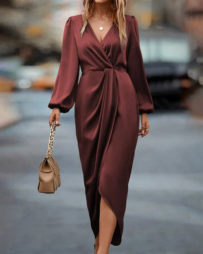 Women's satin wrap midi dress with V-neck long-sleeve and draped front – Burgundy