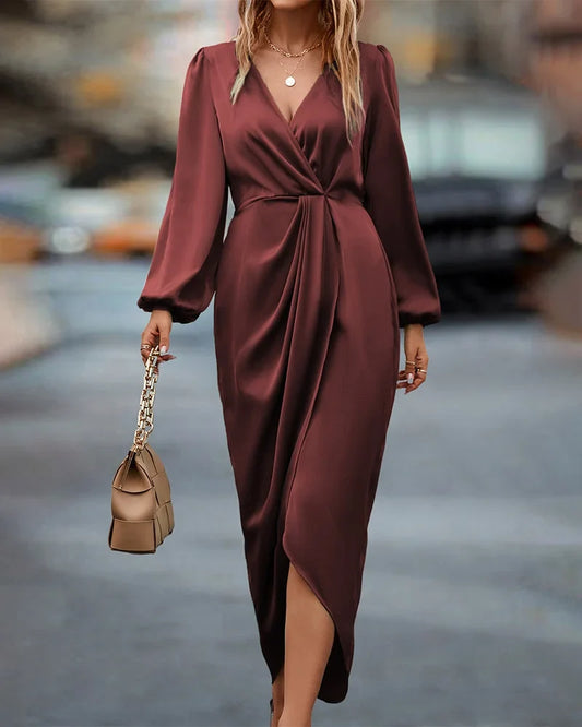 Women's satin wrap midi dress with V-neck long-sleeve and draped front – Burgundy