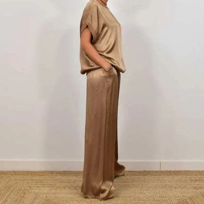 Women's satin matching set with round-neck cap-sleeve top and wide-leg trousers