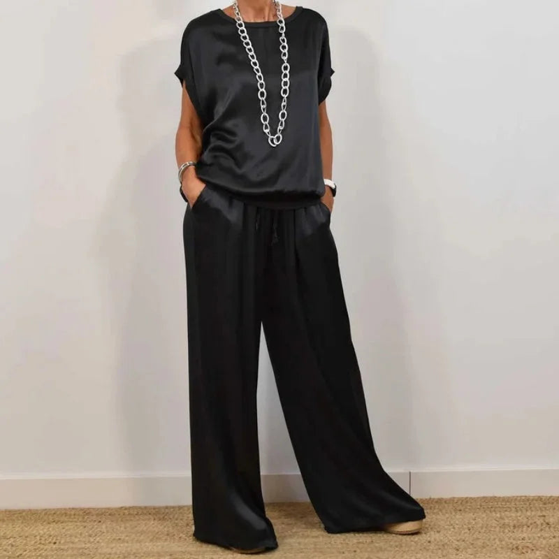 Women's satin matching set with round-neck cap-sleeve top and wide-leg trousers – Black