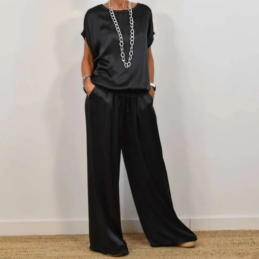 Women's satin matching set with round-neck cap-sleeve top and wide-leg trousers – Black