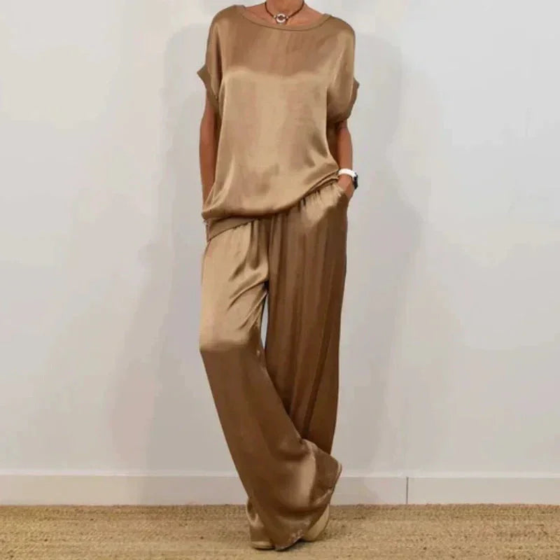 Women's satin matching set with round-neck cap-sleeve top and wide-leg trousers – Camel