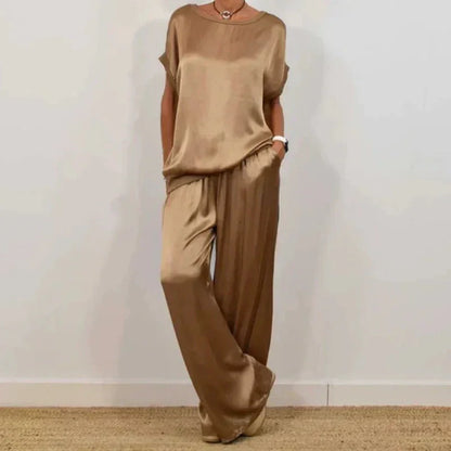 Women's satin matching set with round-neck cap-sleeve top and wide-leg trousers – Camel