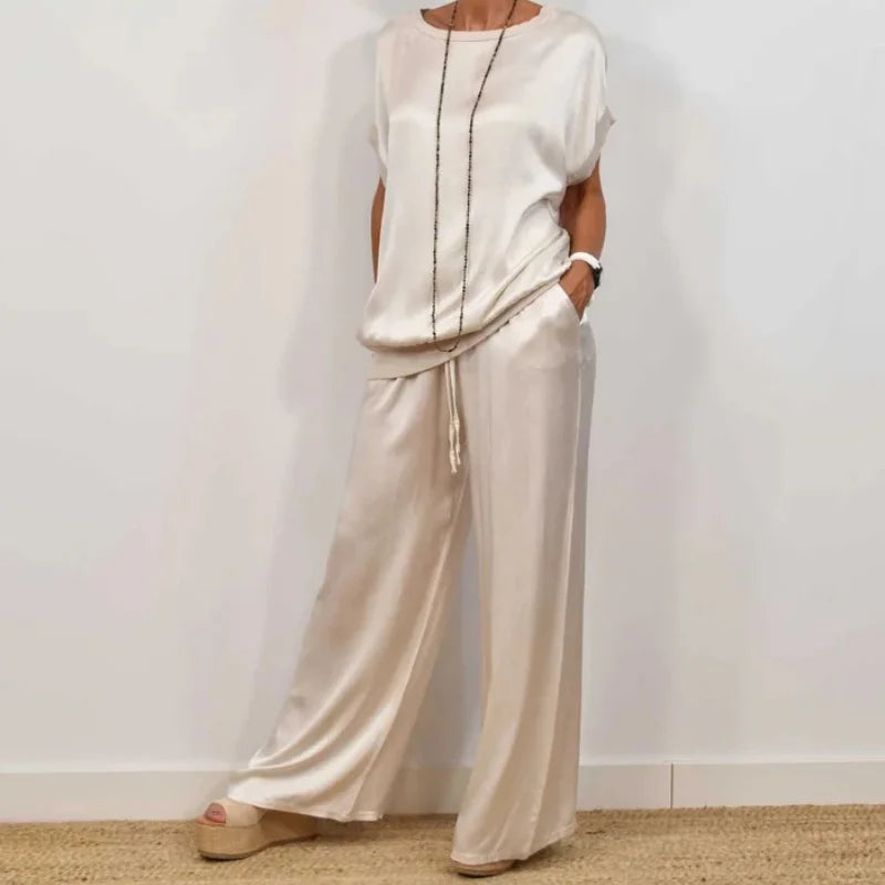 Women's satin matching set with round-neck cap-sleeve top and wide-leg trousers – White
