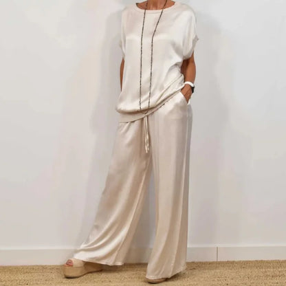 Women's satin matching set with round-neck cap-sleeve top and wide-leg trousers – White
