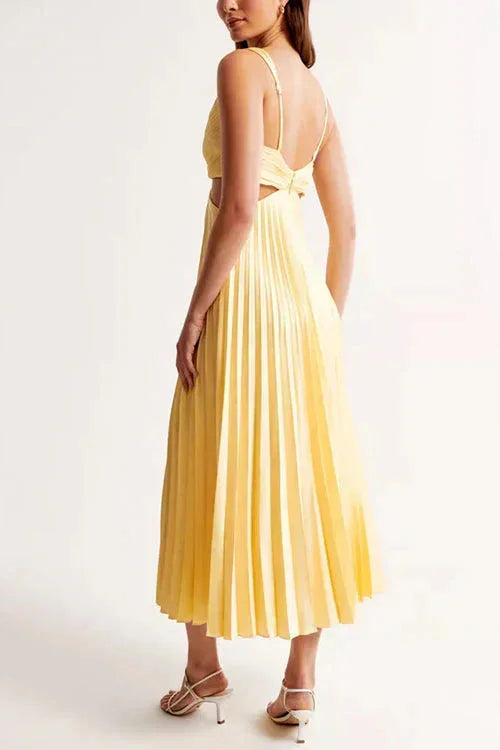 Women's satin pleated maxi dress with V-neck cut-out waist and ruched bust