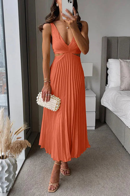 Women's satin pleated maxi dress with V-neck cut-out waist and ruched bust – Orange