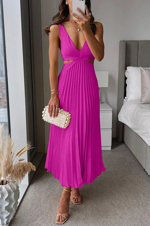 Women's satin pleated maxi dress with V-neck cut-out waist and ruched bust – Pink