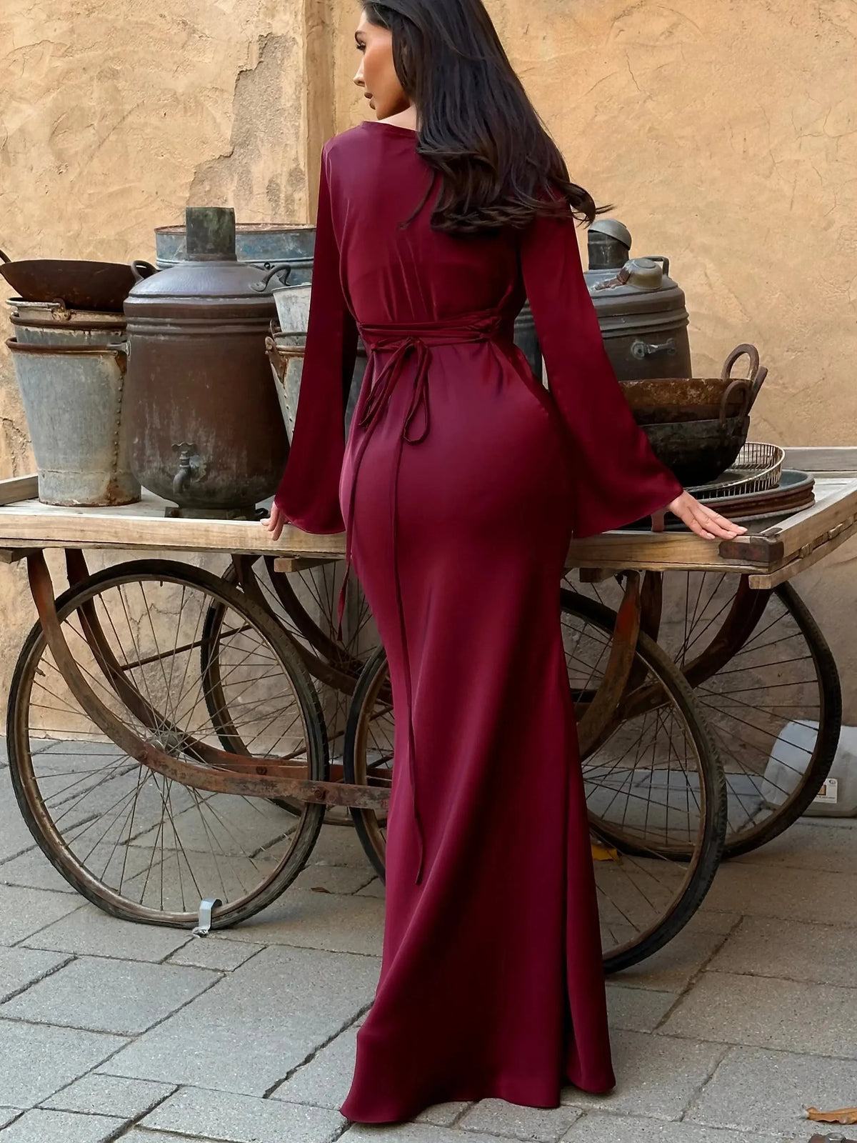 Women's satin V-neck long-sleeve maxi dress with form-fitting bodice