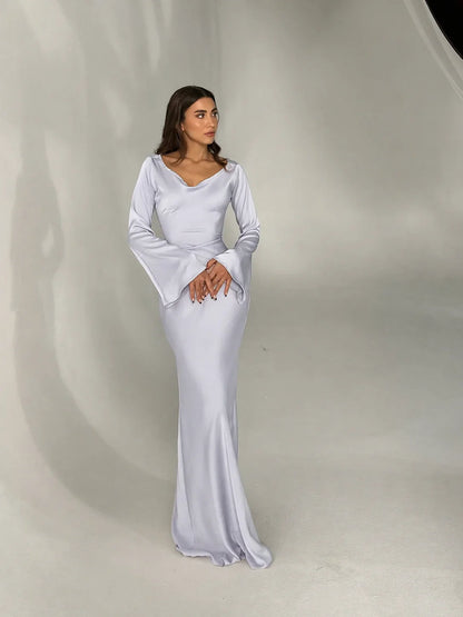 Women's satin V-neck long-sleeve maxi dress with form-fitting bodice