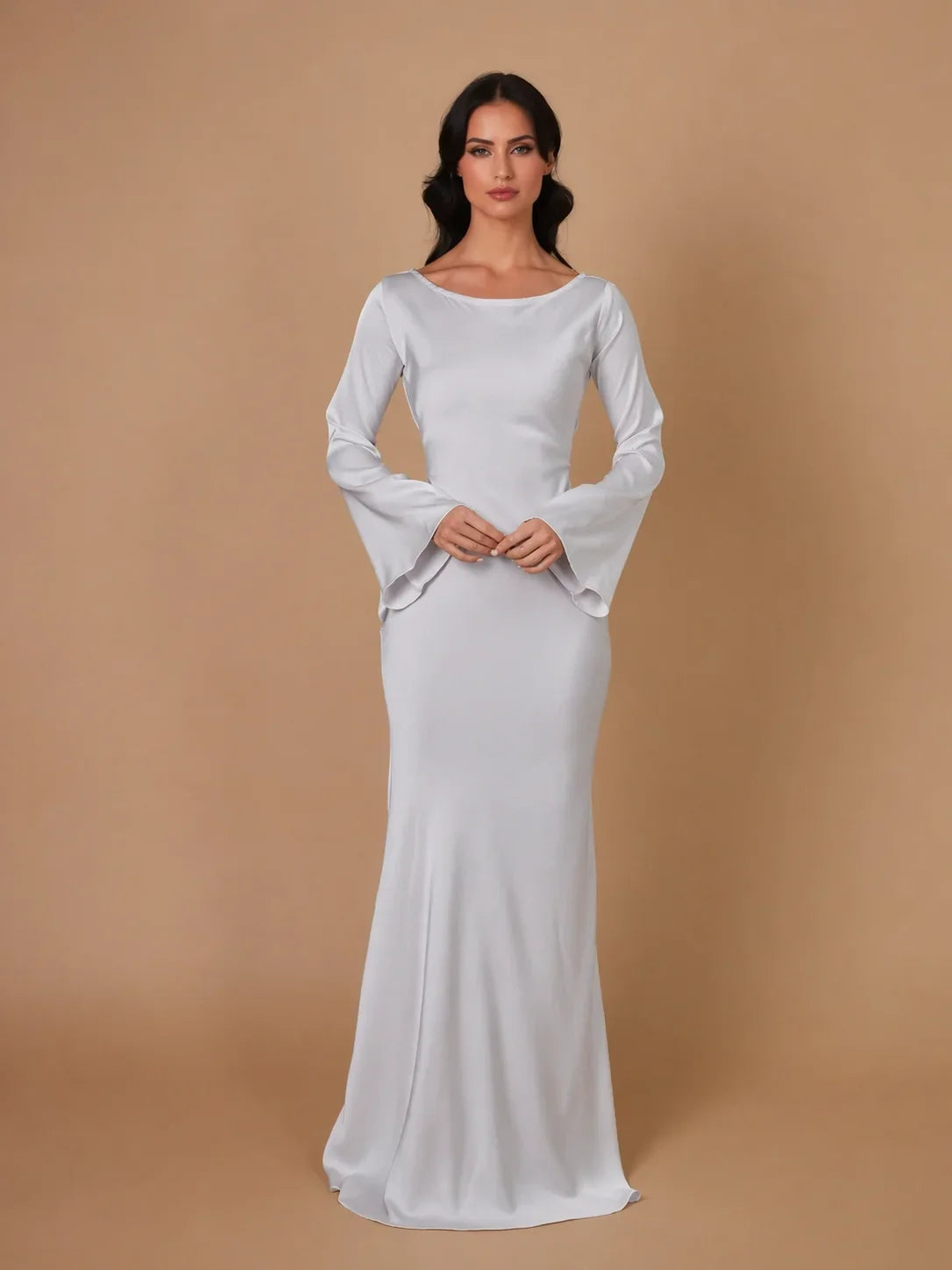 Women's satin V-neck long-sleeve maxi dress with form-fitting bodice
