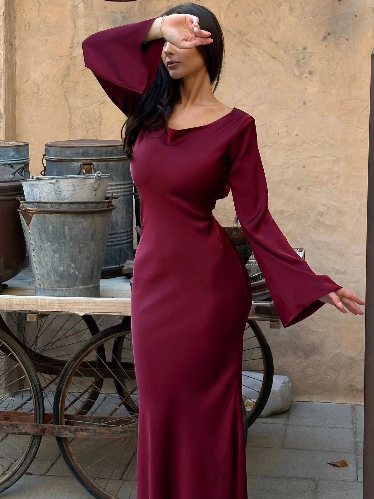Women's satin V-neck long-sleeve maxi dress with form-fitting bodice