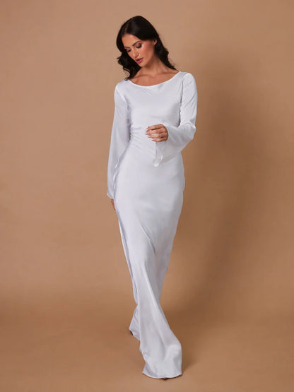 Women's satin V-neck long-sleeve maxi dress with form-fitting bodice