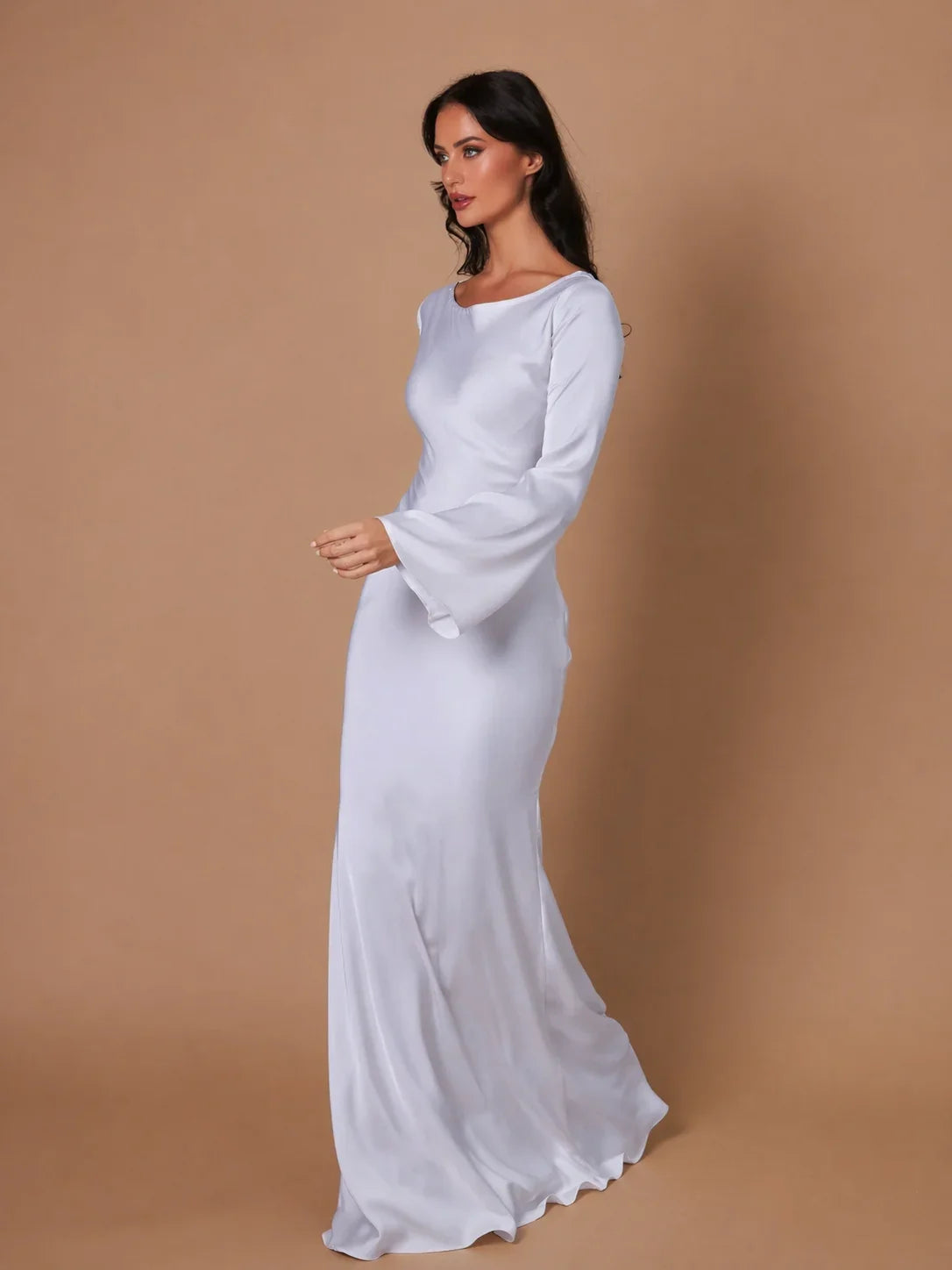 Women's satin V-neck long-sleeve maxi dress with form-fitting bodice