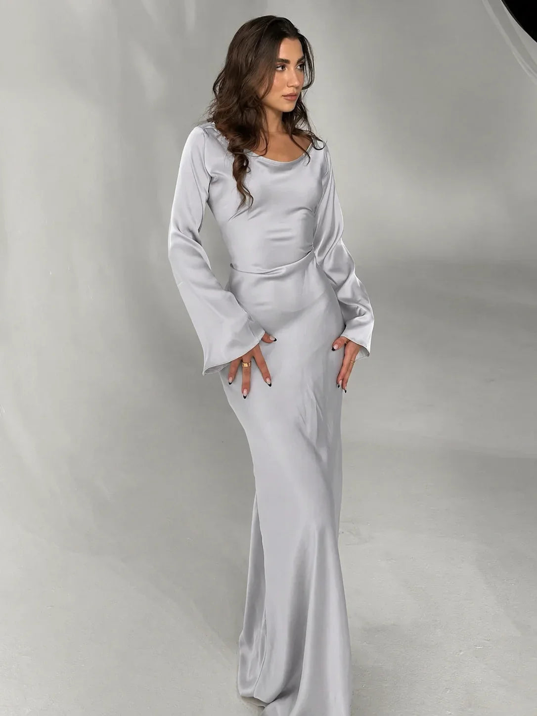 Women's satin V-neck long-sleeve maxi dress with form-fitting bodice