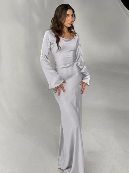 Women's satin V-neck long-sleeve maxi dress with form-fitting bodice