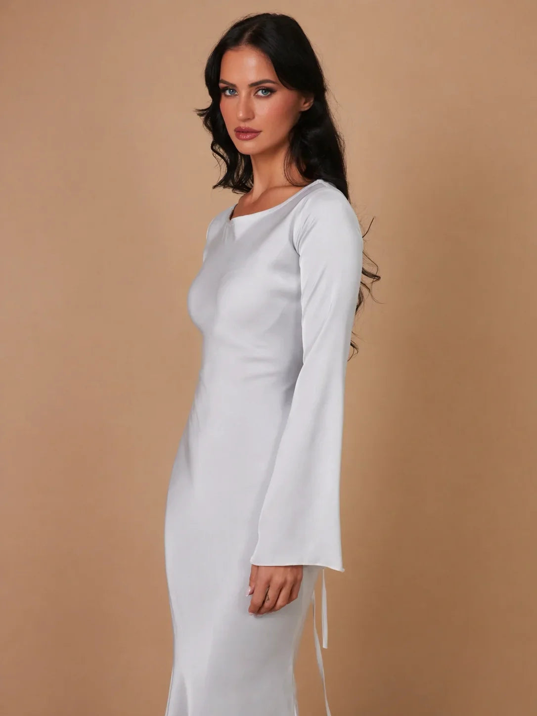 Women's satin V-neck long-sleeve maxi dress with form-fitting bodice