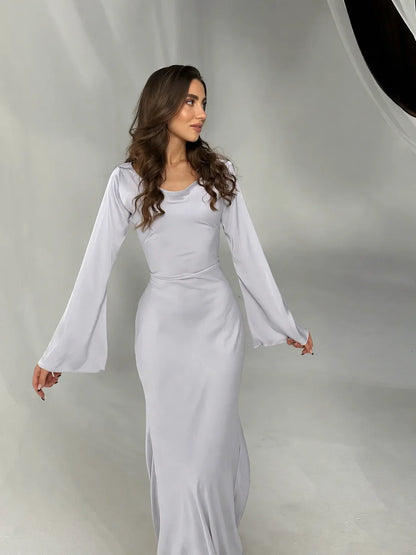 Women's satin V-neck long-sleeve maxi dress with form-fitting bodice