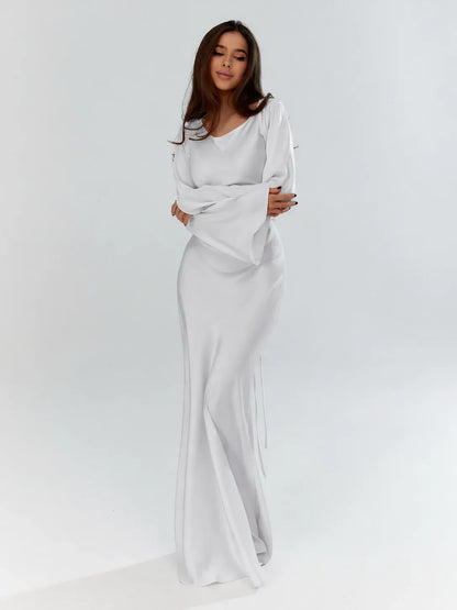 Women's satin V-neck long-sleeve maxi dress with form-fitting bodice – Ivory