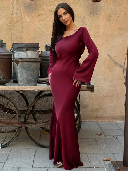 Women's satin V-neck long-sleeve maxi dress with form-fitting bodice – Wine Red