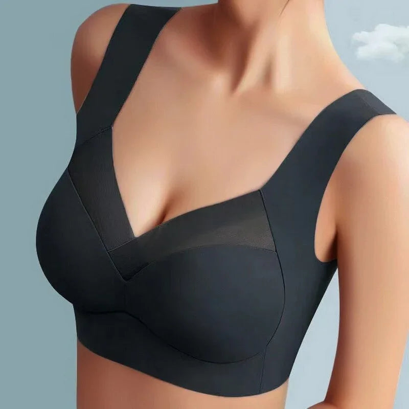 Women's seamless bra with V-neckline and wide pullover straps