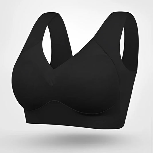Women's seamless bra with V-neckline and wide pullover straps – Black