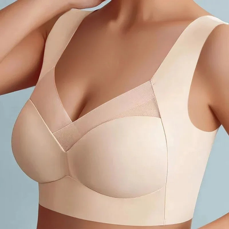 Women's seamless bra with V-neckline and wide pullover straps