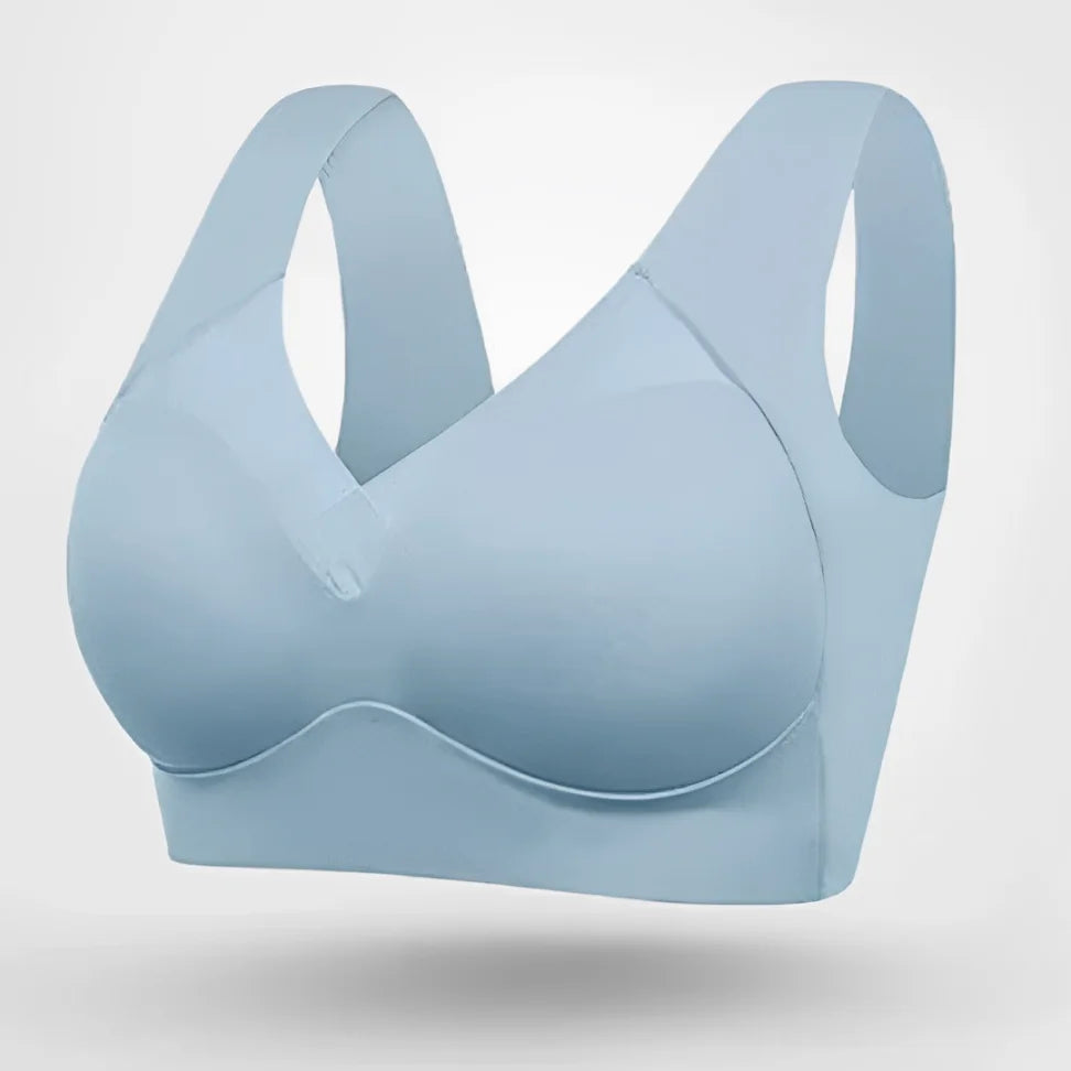Women's seamless bra with V-neckline and wide pullover straps – Light blue
