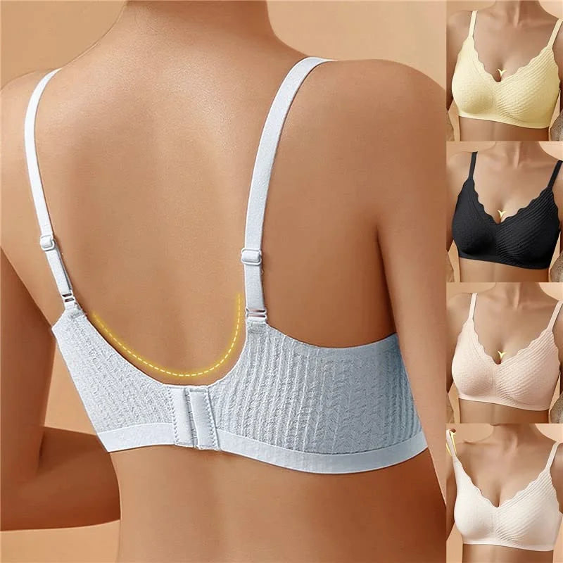 Women's seamless textured wireless bra with V-neck scalloped trim