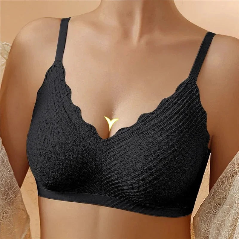 Women's seamless textured wireless bra with V-neck scalloped trim – Black