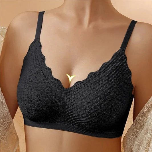 Women's seamless textured wireless bra with V-neck scalloped trim – Black