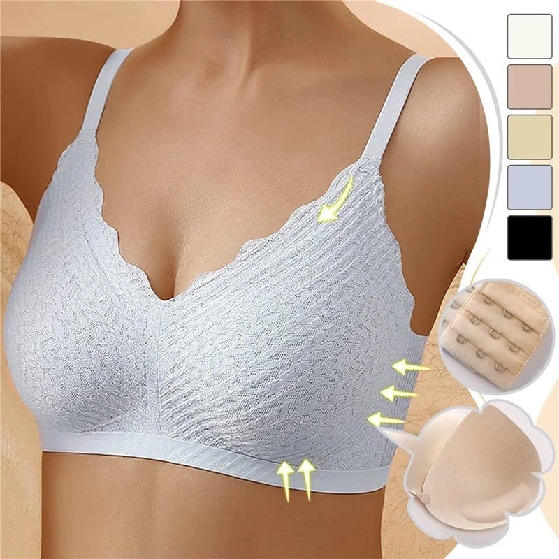 Women's seamless textured wireless bra with V-neck scalloped trim – Light blue