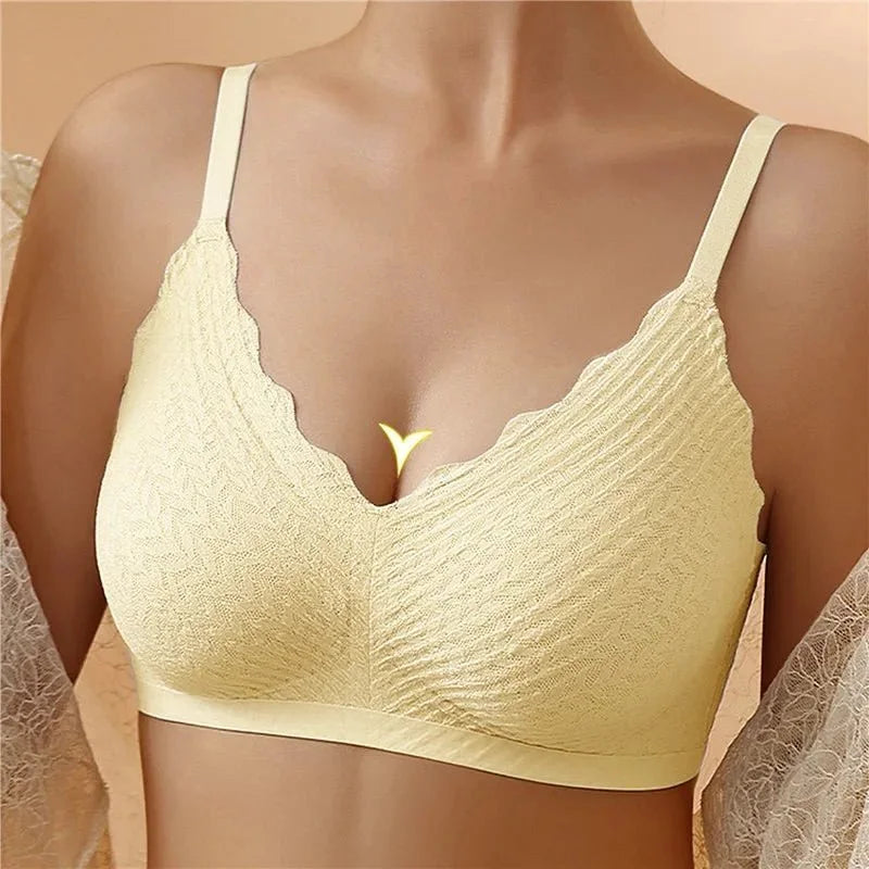 Women's seamless textured wireless bra with V-neck scalloped trim – Yellow