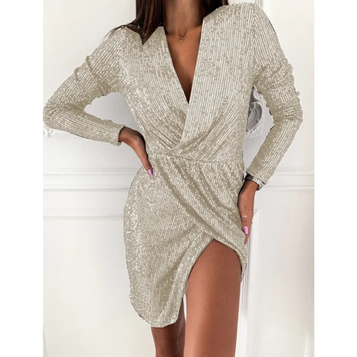 Women's sequin deep V-neck long sleeve wrap cocktail dress – Silver