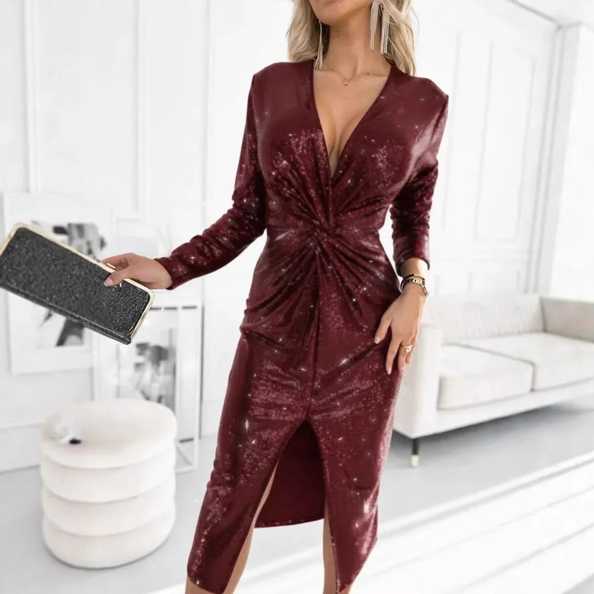 Women's sequin deep V-neck twist-front midi cocktail dress