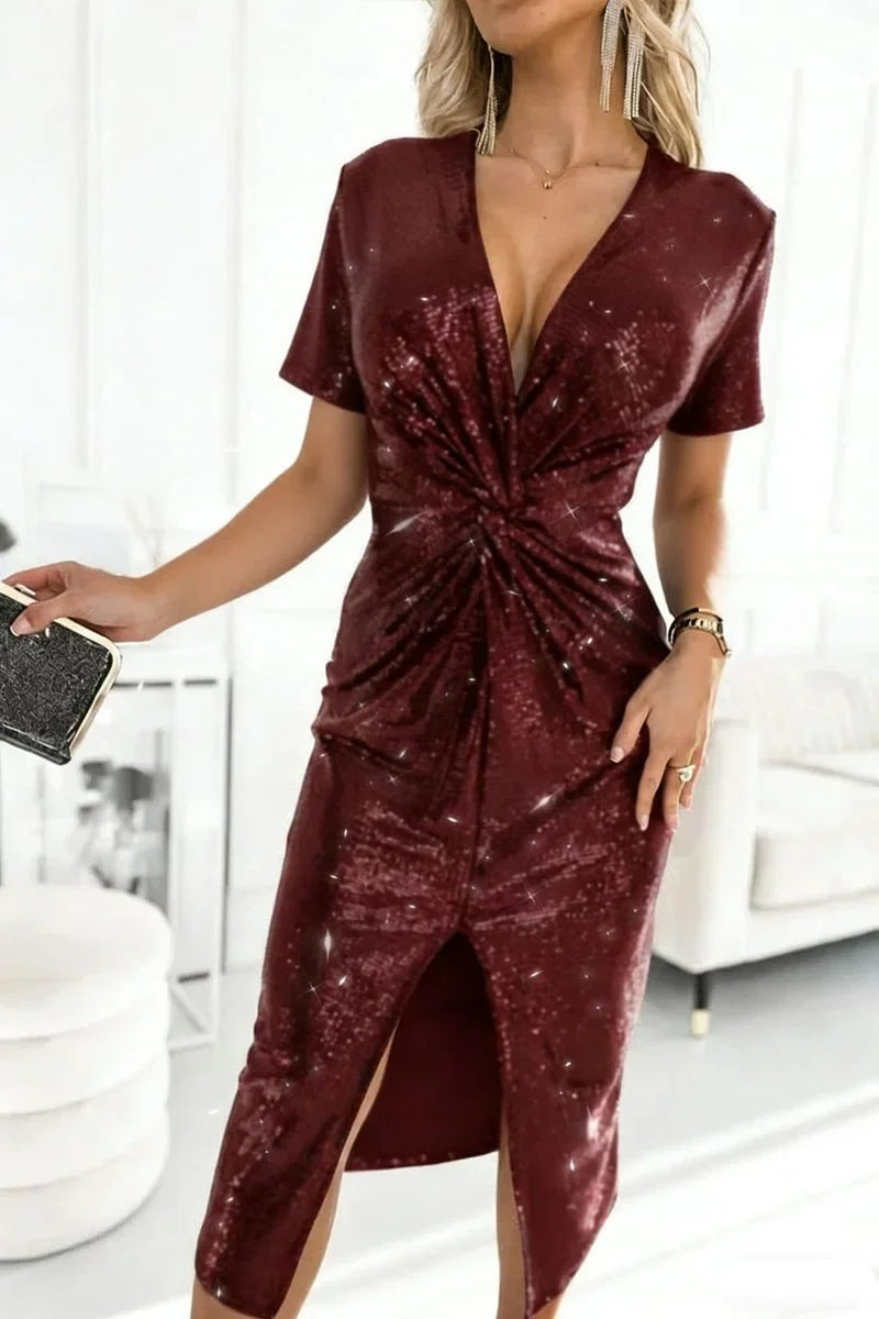 Women's sequin deep V-neck twist-front midi cocktail dress – Bordeaux