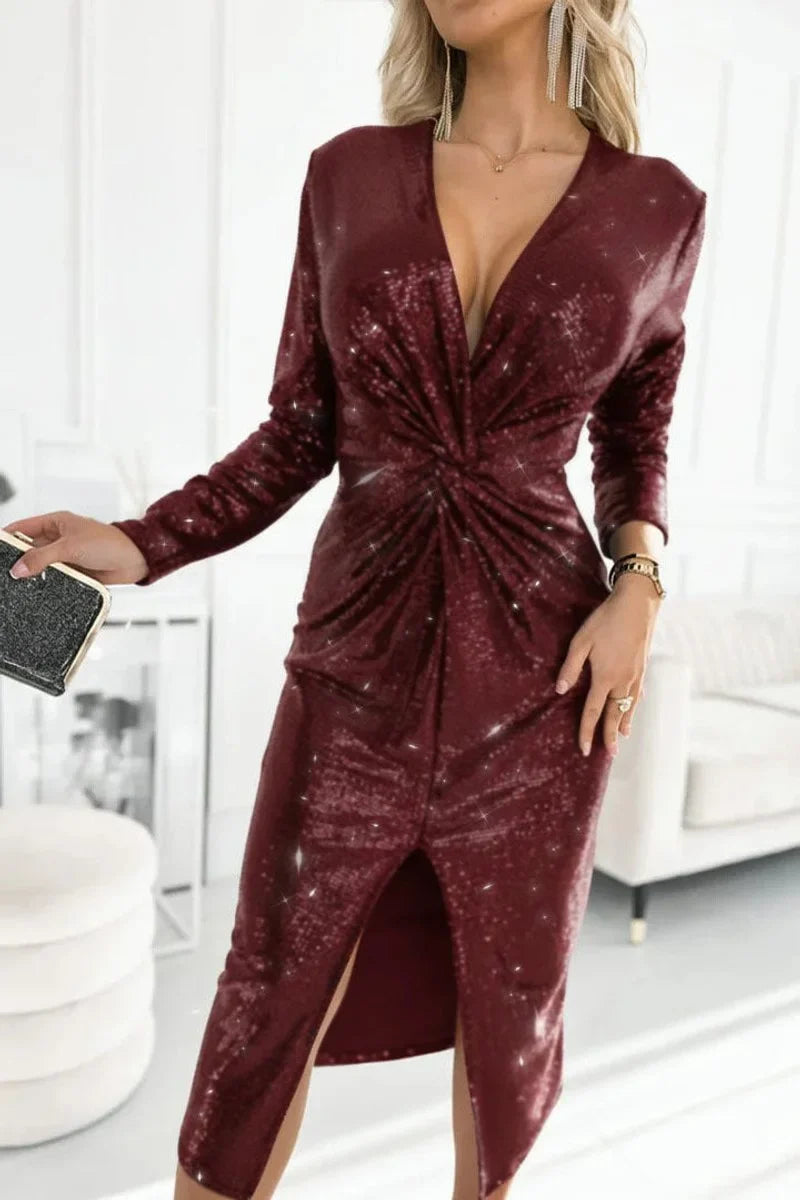 Women's sequin deep V-neck twist-front midi cocktail dress – Red