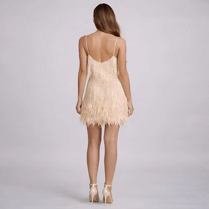 Women's sequin feather-trim V-neck cocktail dress